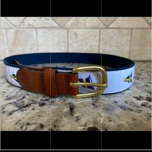Leather Man Ltd. Leather Brass Navy Fabric Belt with Flag design.